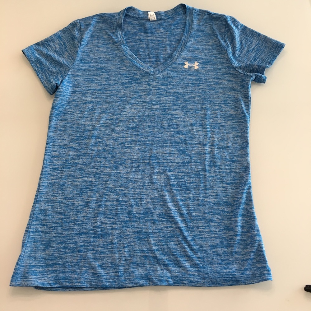 Under armour S blue heathered heat gear vneck top